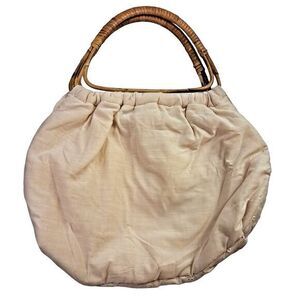 Vintage Holiday Fair Bucket Purse Cream Eyelet Bamboo 80s Bohemian Coastal Vacay